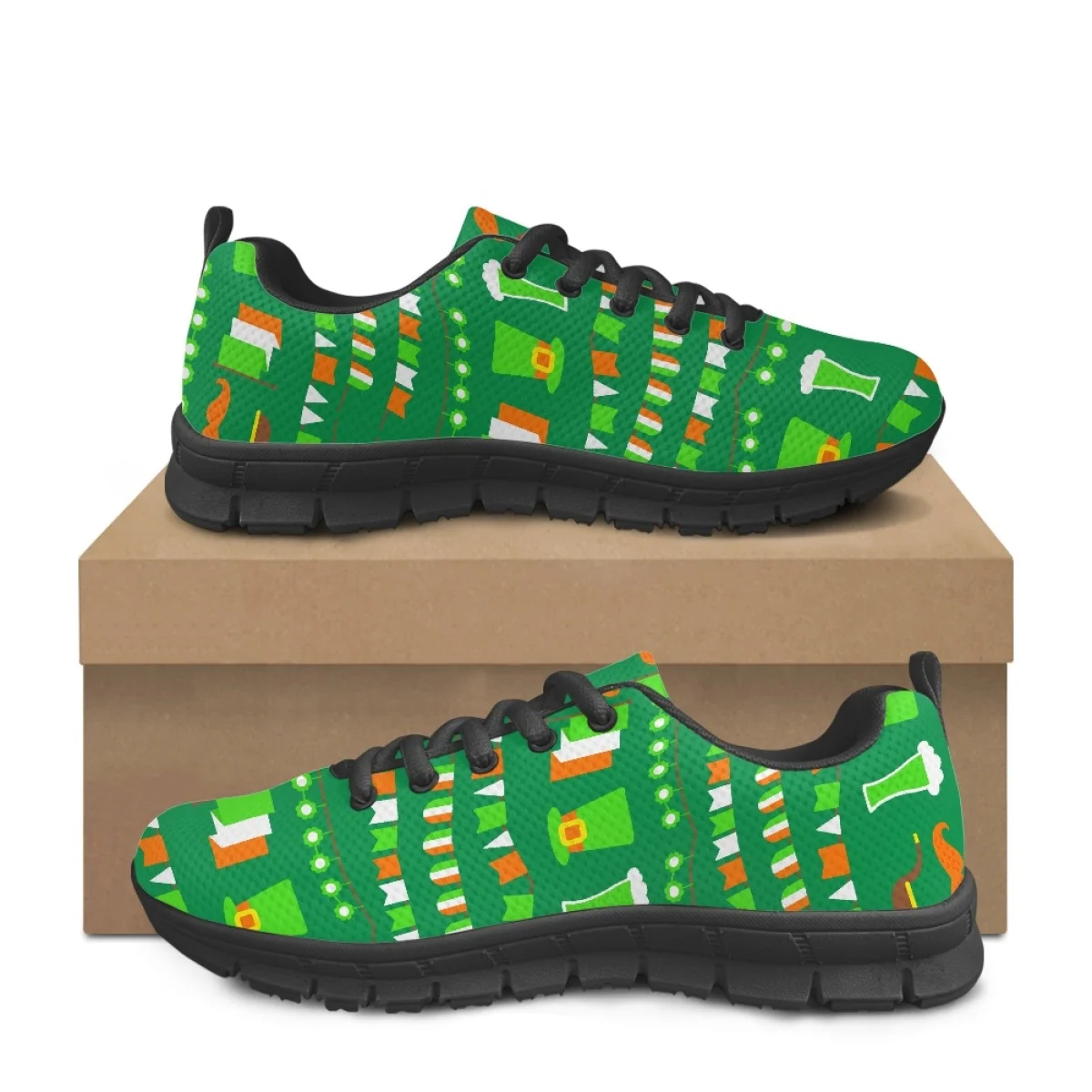 Luxury Design St. Patrick's Elements Print Women Flat Shoes Irish Flag Pattern Lace-up Sneakers Breathable Casual Walking Shoes