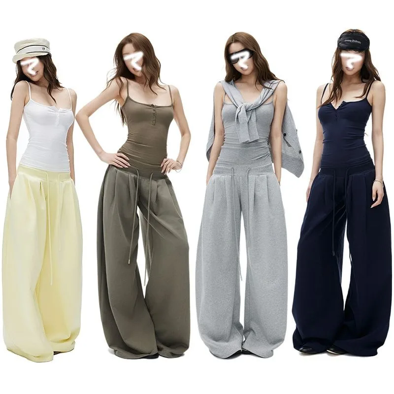 Four-color Classic Deep U-neck Open Buckle Sling + Drawstring Wide Waist Double Pleated Micro-mopping Trousers Two-piece Set