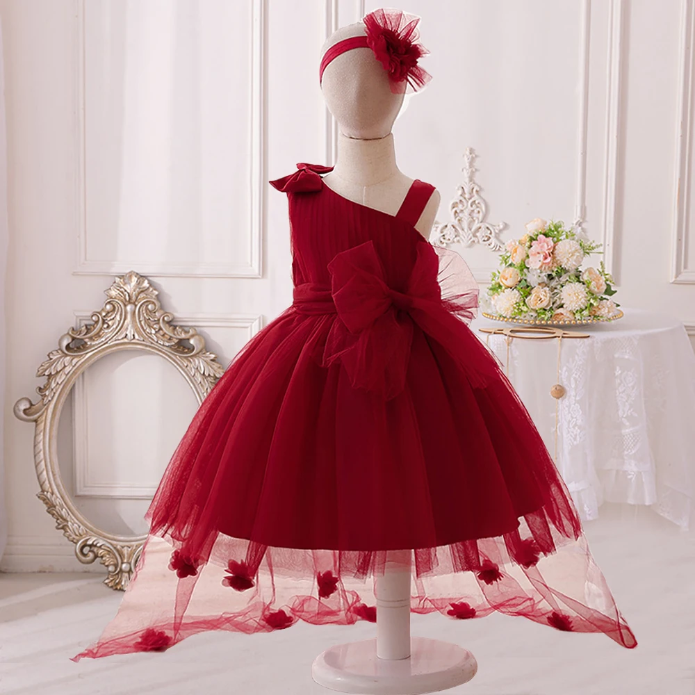 

Toddler Maroon First 1 Year Birthday Dress For Baby Girl Clothes Flower Princess Dress Elegant Girls Dresses Baptism Party Gown