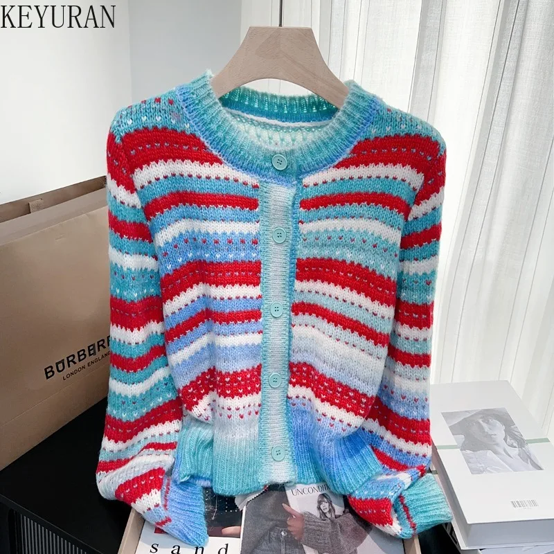 

Новинка 2023 года, осенний полосатый вязаный кардиган, свитер, пальто, женские корейские трикотажные топы с круглым вырезом и длинными рукавами, женские джемперы