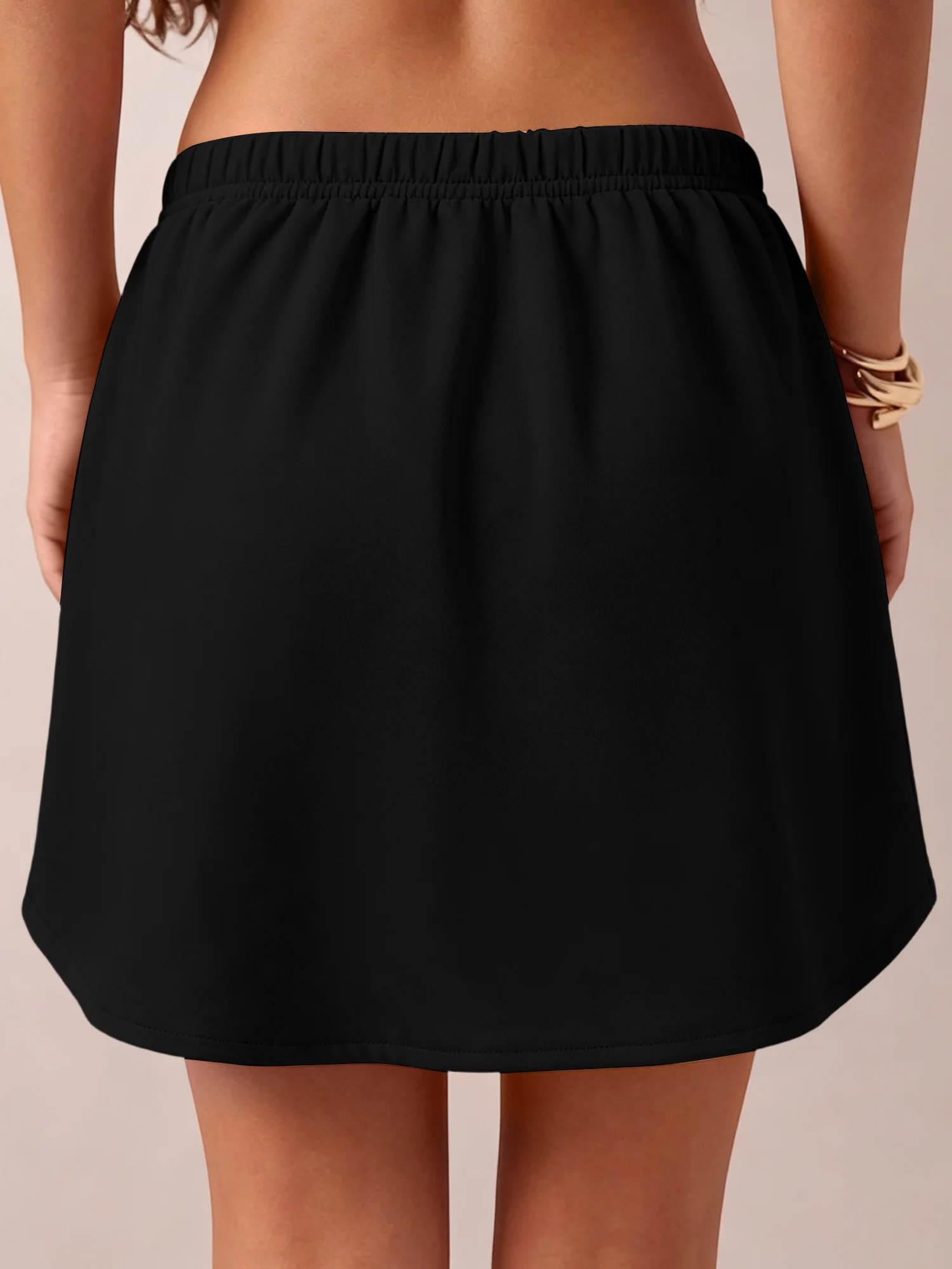 Basic Casual Mini Skirt Women Elastic Waist Curved Hem Solid Skirt Daily Home And Outdoor Wear
