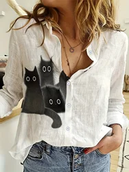 Women's Shirt Tops Cat Pattern Black and White Printed Women's Button Long Sleeve Fashion Shirt Fitted Spring and Autumn Tops