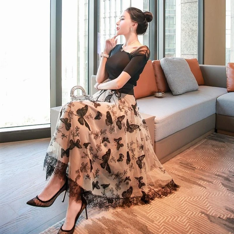 

Women Knitted Top Tulle Midi Skirt Two Piece Set Mature Elegant Style Summer 2026 New Trendy Outfit