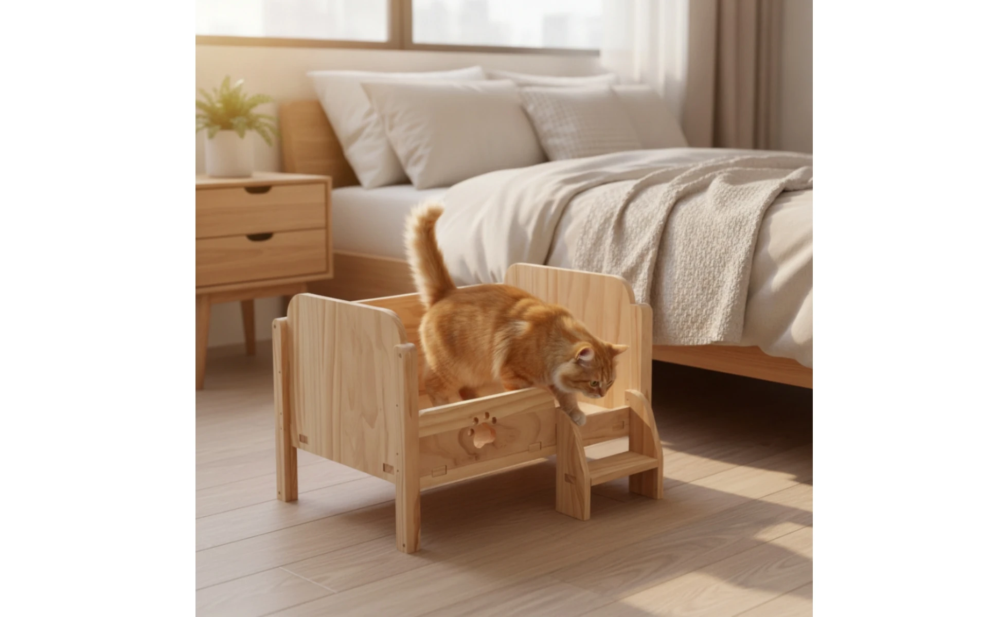 Pet Bed with Step Long-Lasting Wooden Pet Bed Elevated Cat Couch Indoor Furniture Comfortable for Cats, Living Room, Bedroom