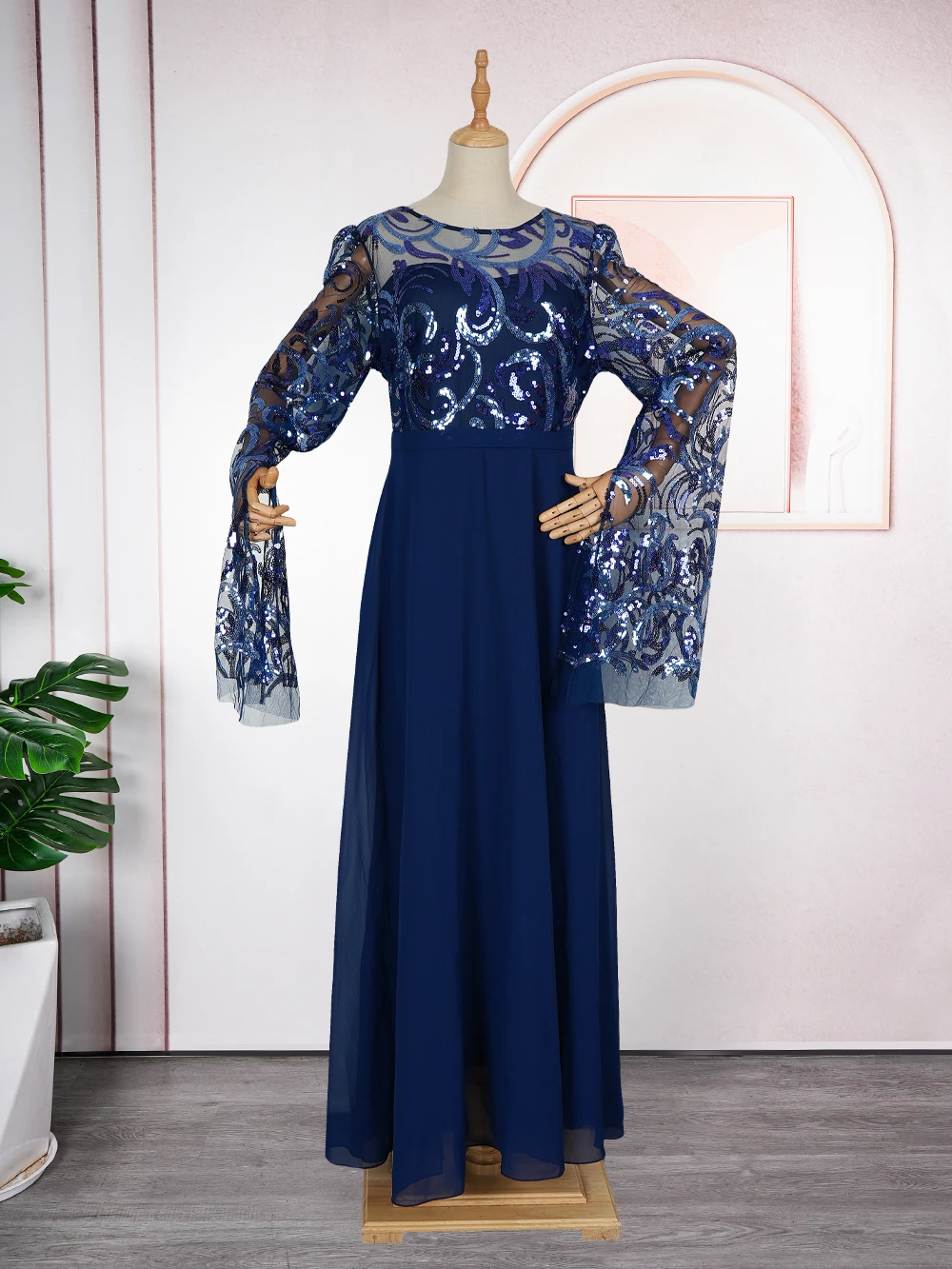 Plus Size African Wedding Party Dresses for Women Dashiki Sequin Long Sleeve Evening Gown Elegant Turkey Muslim Maxi Dress - view 5