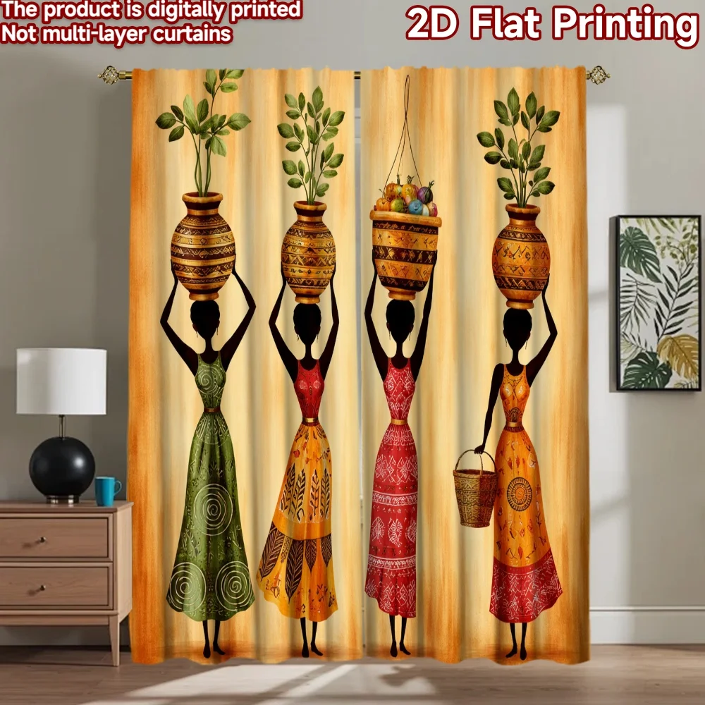 2D flat printing 2pcs Curtain Curtains Colorful Women Carrying Pots Digital Printed Polyester Drapes Birthday Party Perfect for