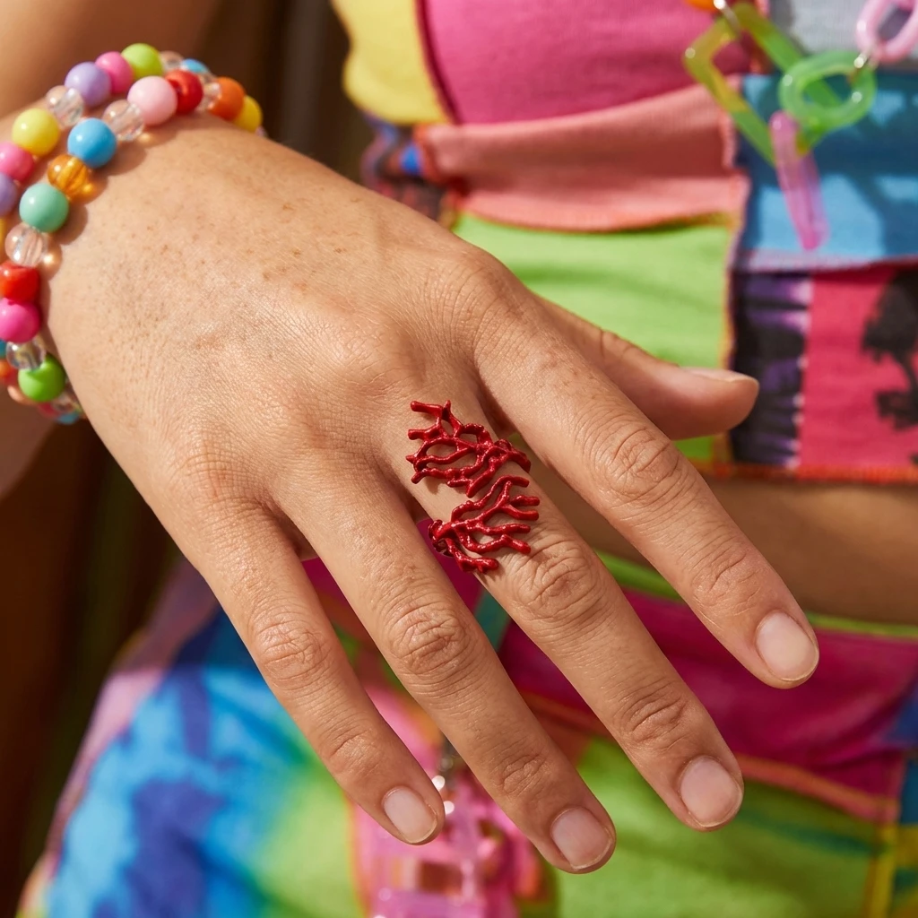 Exaggerated Red Coral Ring for Women Trendy Irregular Index Finger Ring Beach Vacation Hand Accessory Fashion Jewelry