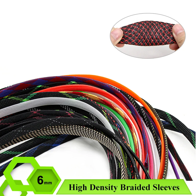 2/5/10/20/50m Braid Sleeves 6mm Cable Management Protection High Density PET Wire Cover Snake Skin Braided Sheath Wire Sleeve