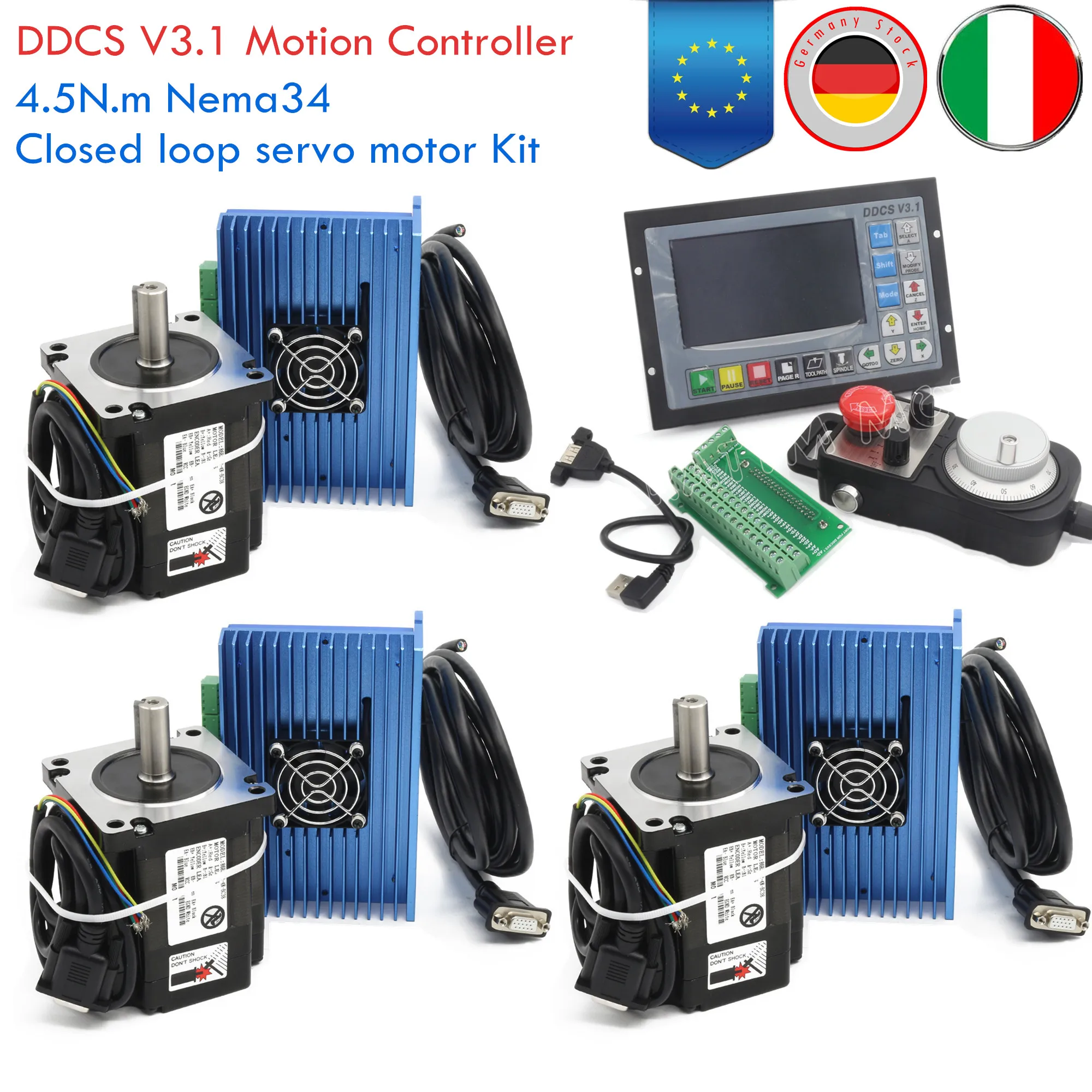 【EU Stock】3 Sets CNC 4N.m Nema34 Closed Loop Stepper Motor & 2HSS86 Hybrid Servo Driver 8A 200Khz+CNC DDCSV3.1 Motion Controller