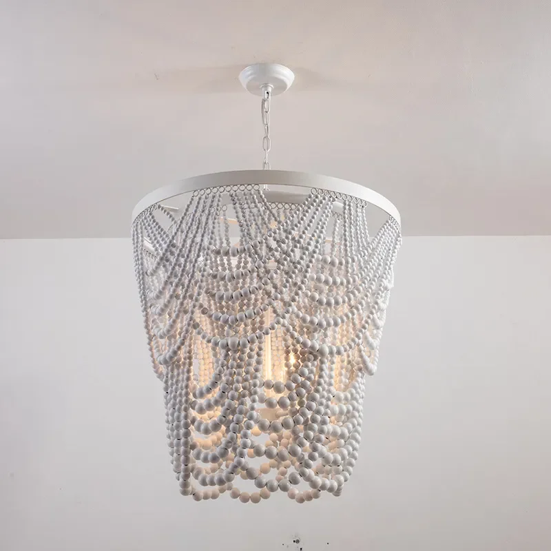 Boho Black Wood Bead Chandelier for Living Room Bedroom Window Creative Pendant Light Home Decor