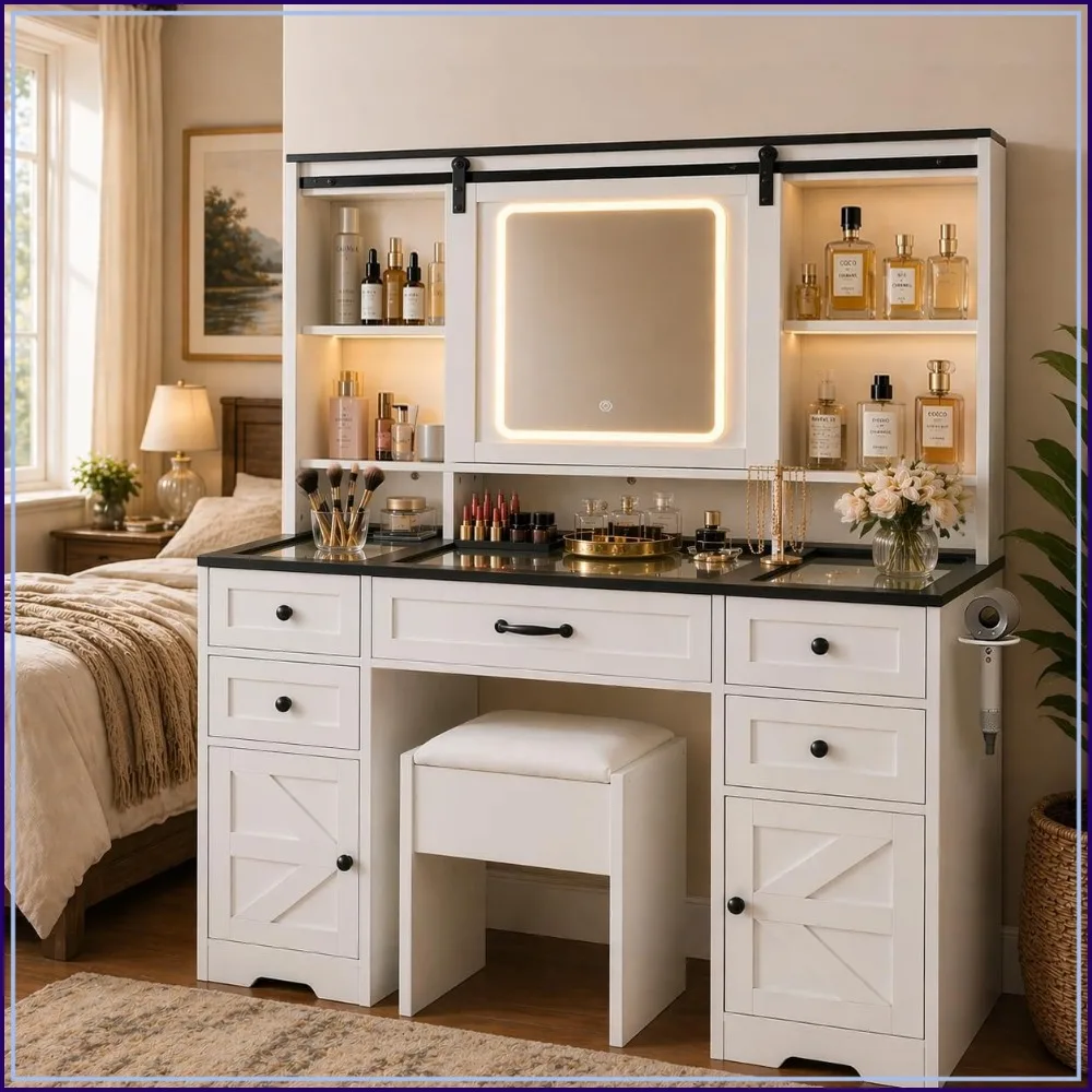 7 Drawers Glass Top Makeup Vanity Desk Bedroom