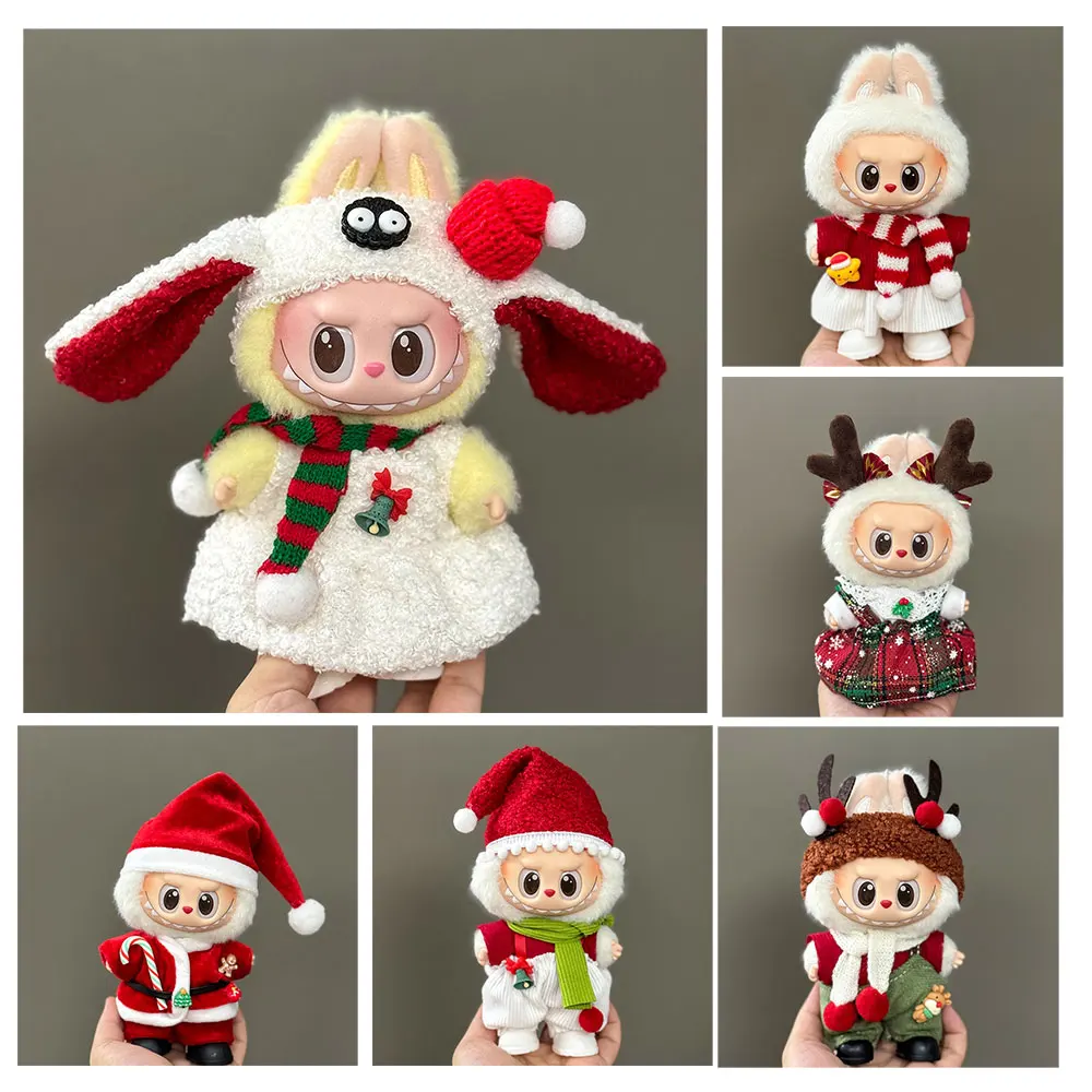 Vêtements de poupée Labubu, pull, chapeau et écharpe de noël rouge, 17cm, chaussures, accessoires de bricolage