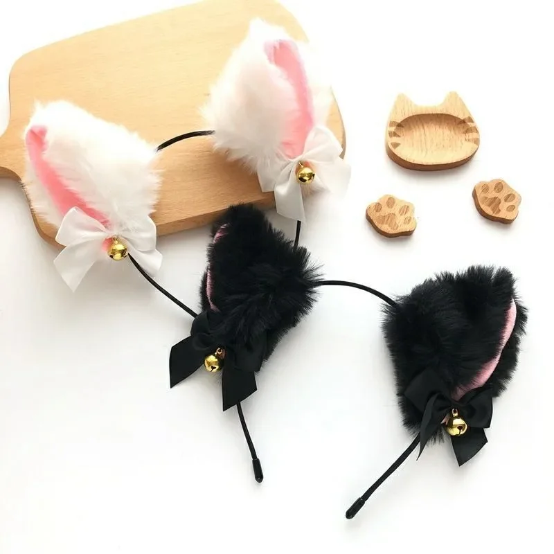 Sexy Cat Ears Headband for Women Girls Lace Bow Necklace Plush Bell Hairband Cosplay Masquerade-Party Costume Hair Accessories