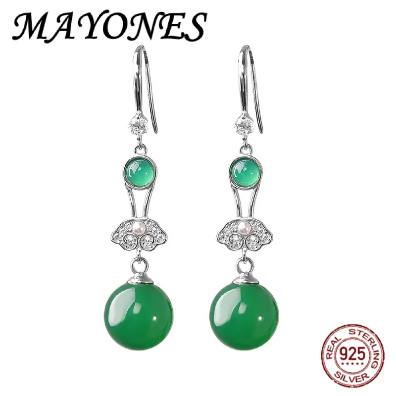 

NEEW S925 серебряные инкрустированные круглые бусины зеленый халцедон благоприятные облака висячие темпераментные серьги женская мода подарок