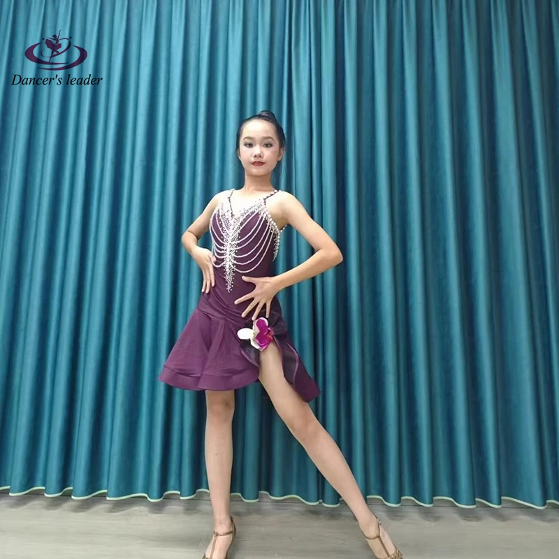 

Latin Dance Costume, Rhinestone, High-end Customized Pearl Collar, Flower Skirt, Samba Performance Dress For Adults and Children