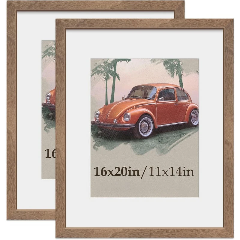 

16x20 Picture Frame 2 Pack, Natural Wood Grain Brown Walnut & HD Glass, Display 11x14 Poster with Mat or 16x20