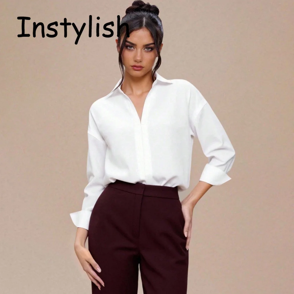 Elegant Satin Shirt Bodysuit Women Oversized Lapel Deep V Neck Half Long Sleeve Silky Blouse Bodysuit Elegant Office Work Tops