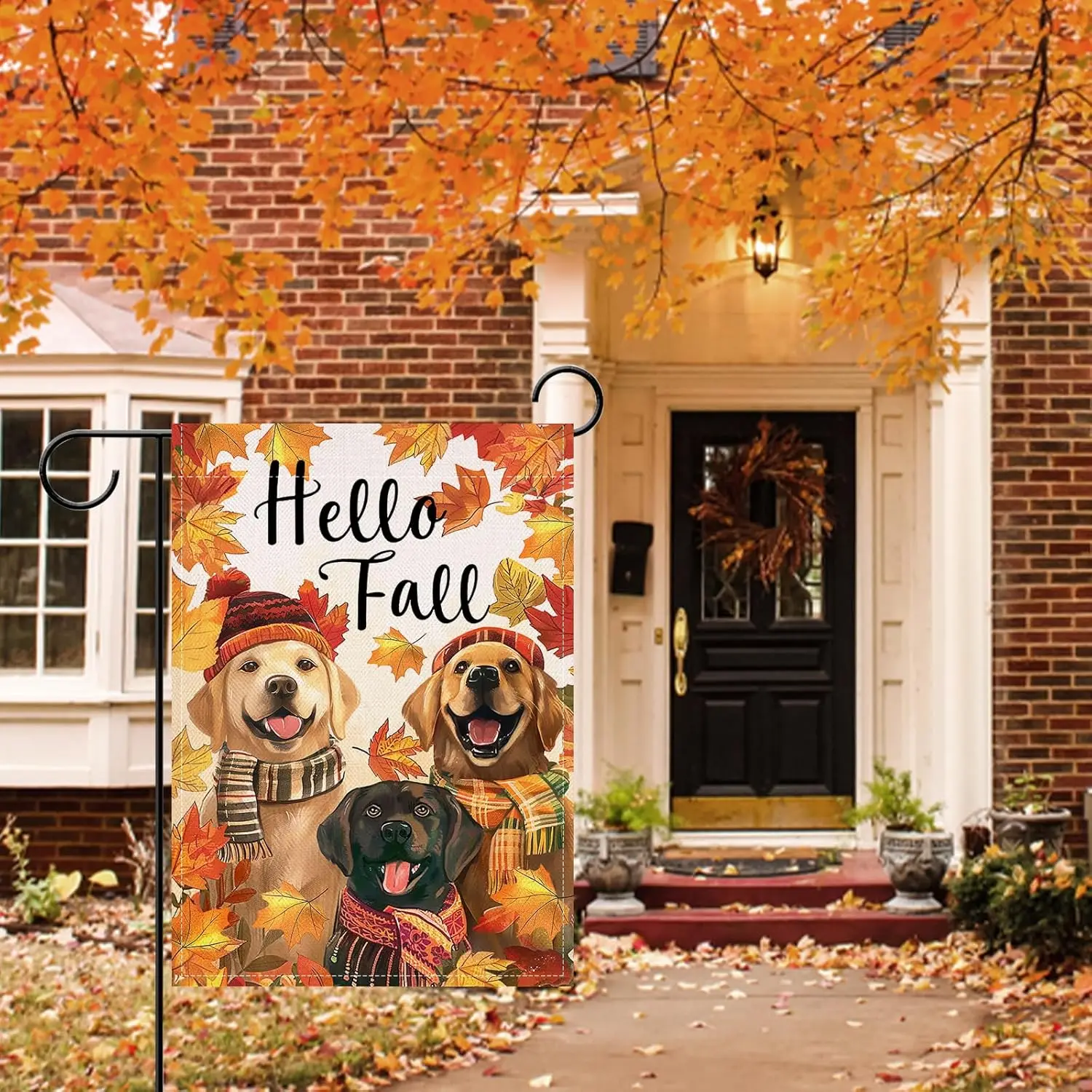 Artofy Hello Fall Labrador Dog Small Decorative Garden Flag, Autumn Maple Leaves Yard Lawn Outside Decor Pet Owner Lover Gif UUN