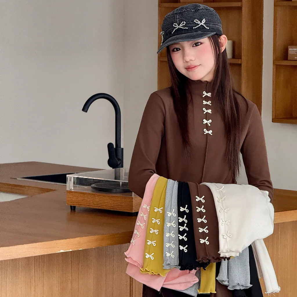 Girls Long Sleeve Base Layer Autumn Mock Neck Ruffle Cuff Bow 6 Colors Soft Comfortable Minimalist