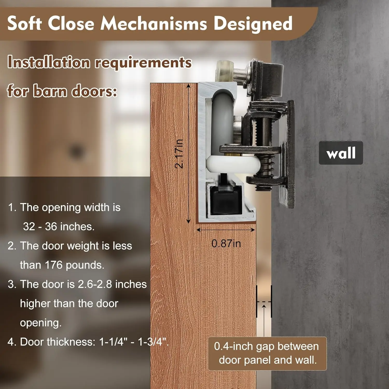 

38" Concealed Sliding Barn Door Hardware Kit with Soft-Close Mechanism for 30"-34" Doors- Wall Mount No-Floor Aluminum Track·New
