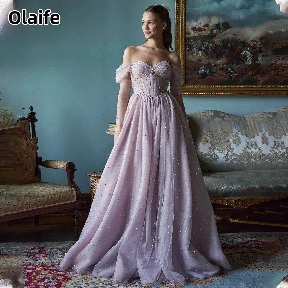 Olaife Off The Shoulder Pearls Long Sleeves A Line Evening Dresses Corset Back Sweep Formal Party Grown Prom Dresses Vestido De