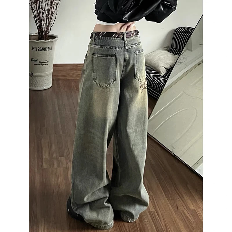 ZHIZOU Women Baggy Blue Cargo Jeans Embroidery Y2k Japanese Streetwear Cyber Punk Denim Pants Wide Fit Harajuku Cowboy 2000s New