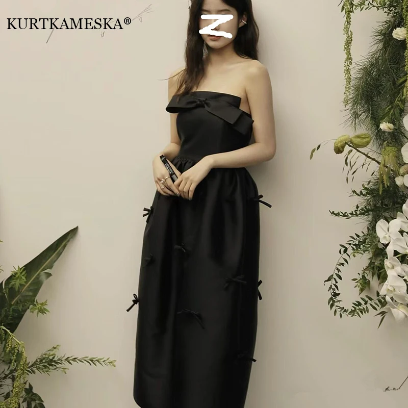 

Black Birthday Party Dresses Strapless Elegance Gown French Light Wedding Dresses For Women 2026 Bride Ankle-length Satin Dress