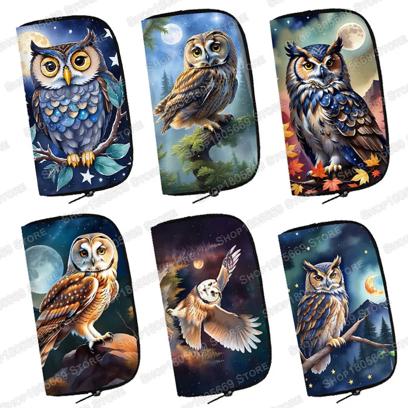 Cute Bird Owl Print Wallet Colorful Owl Moon Painting Coin Money Bag ID Credit Card Phone Holder Long Wallets Zipper Pouch Gift