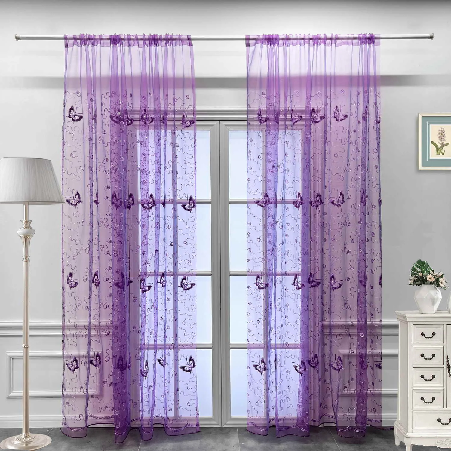 

Butterfly Embroidery Tulle Sheer Farmhouse Curtains Shiny Sequins Clear Organza Curtains for Living Room 1 Panel Rod Pocket Top
