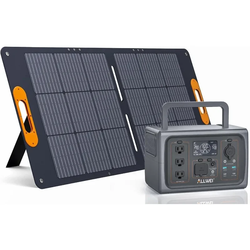 ALLWEI 500W Solar Generator with 100W Solar Panel, 512Wh LiFePO4 Portable Power Station with 3 AC Outlets(1000W Surge)