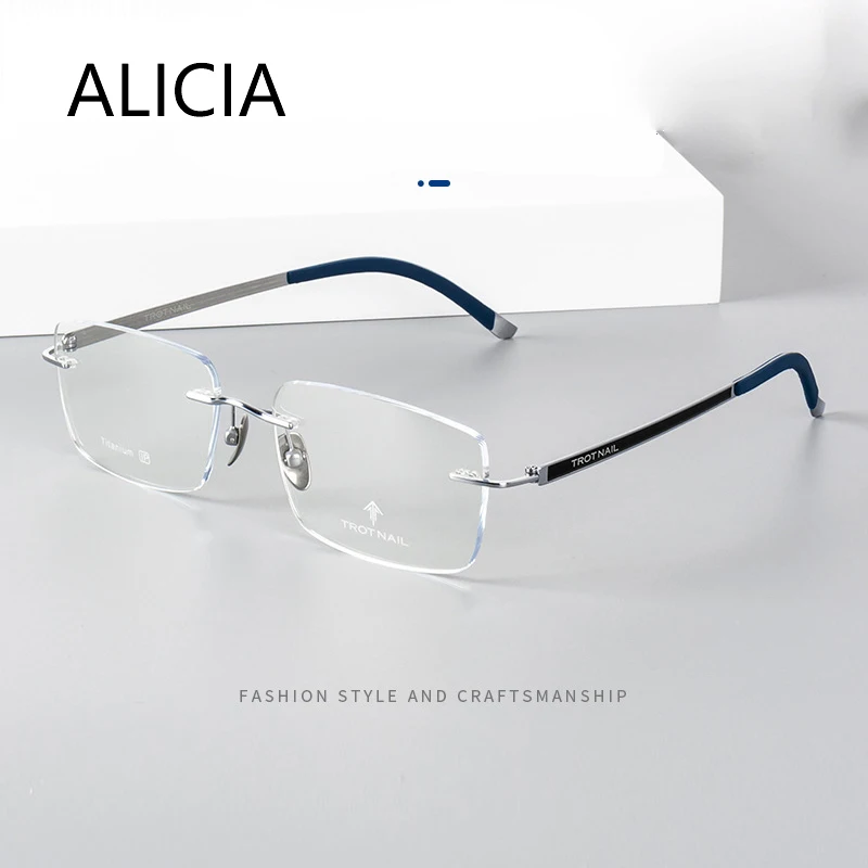 ALICIA FashionLuxury Rimless Glasses Man Ultra light Pure Titanium Eyeglasses Optical Prescription Frames Women Business Glasses