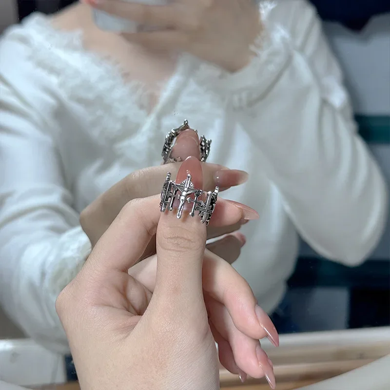 

MDL Moissa!ite Style Hip Hop Ins Cross Tide Metal Punk Rings Crafted Thai Silver Black Adjustable