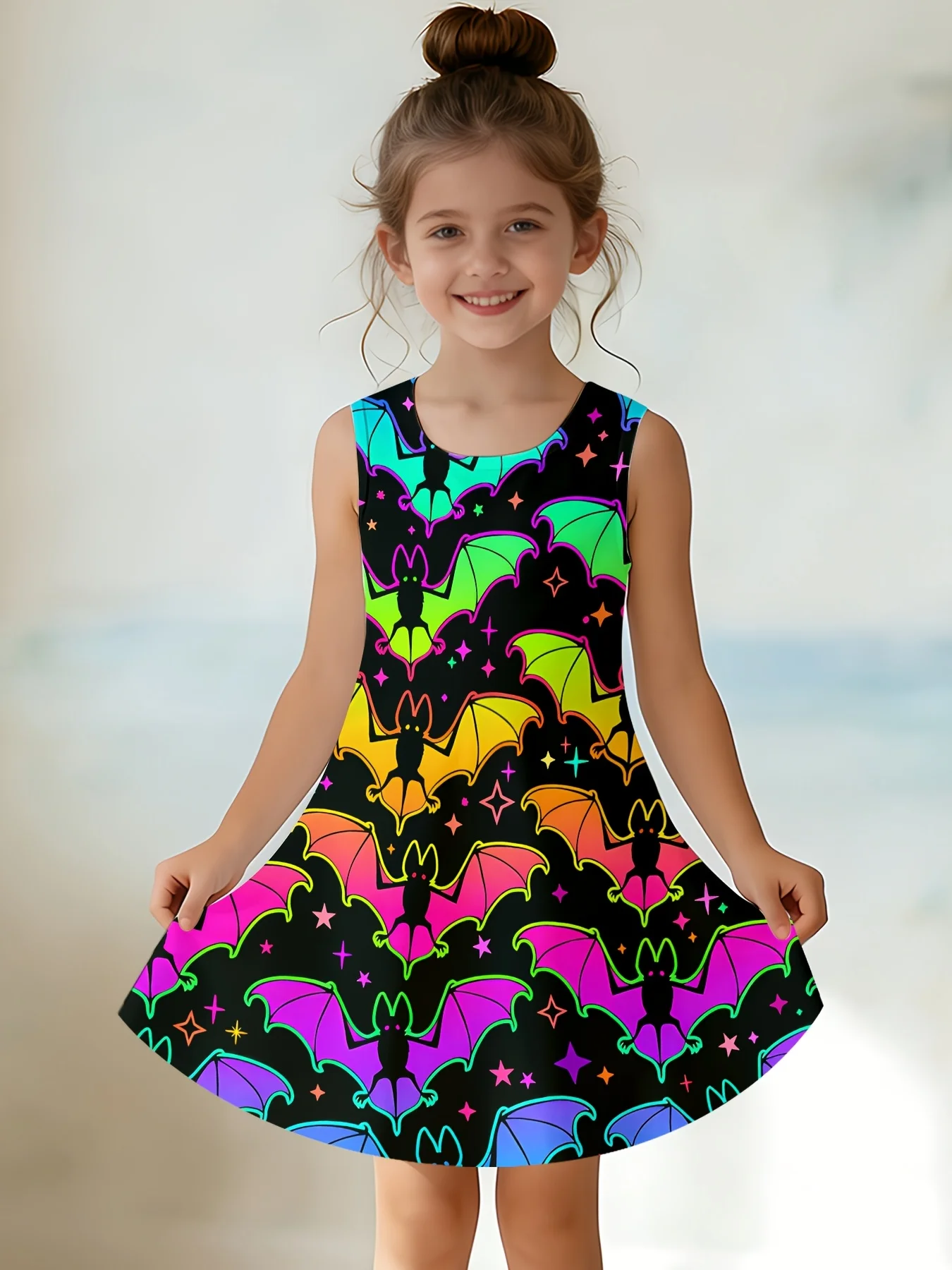 Lovely Small Girls Sleeveless Swing Dress Pumpkin Bat Haunted House Print Cosplay Halloween Outfit for Party and Holiday Wear