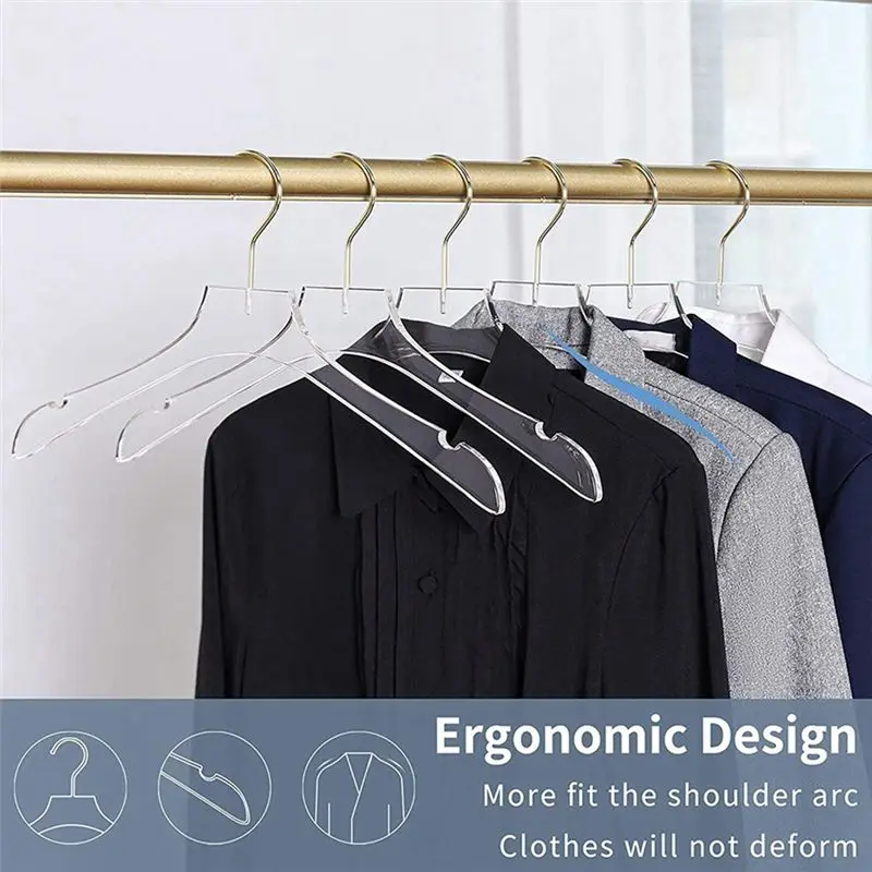 ABXF-10 Pcs Clear Clothes Hangers With Gold Hook, Transparent Shirts Dress Coat Hanger With Notches For Lady Kids Small