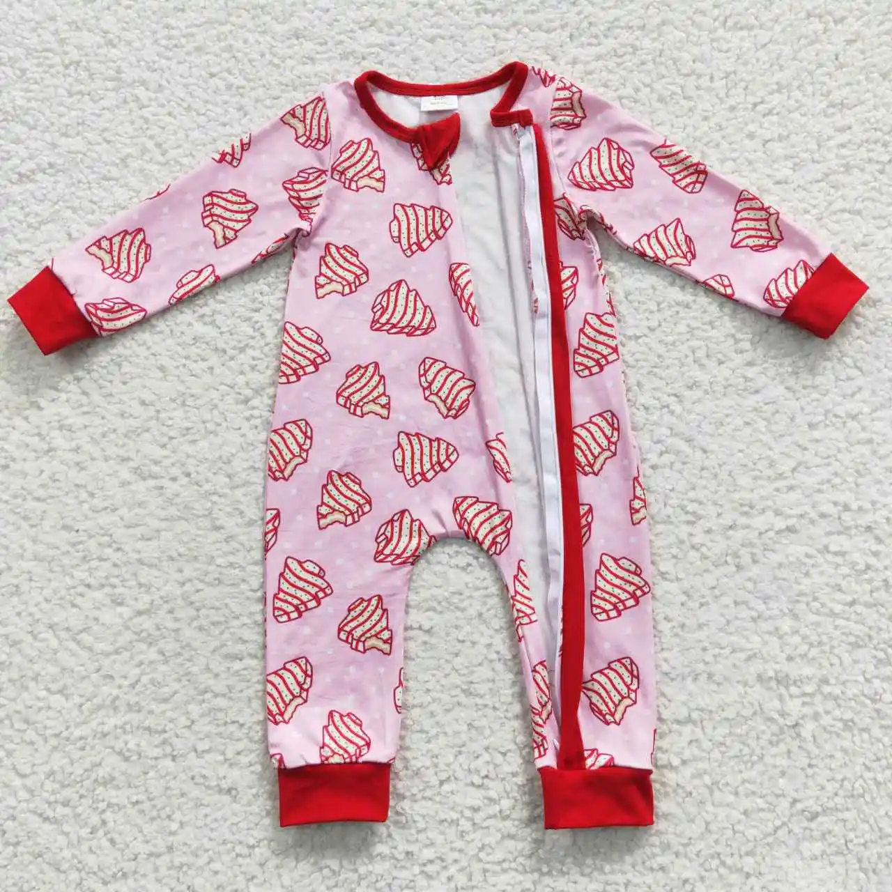 2T Christmas Trees Biscuits Pink Red Print Long Sleeves Baby Romper One'Pieces LR0340