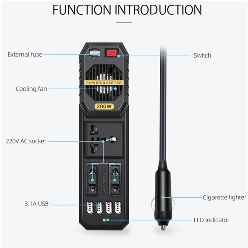 B27B On-Board 12V 200W Power Adapter - AC220V Power Converter For Vehicle Use Inverter Transformer