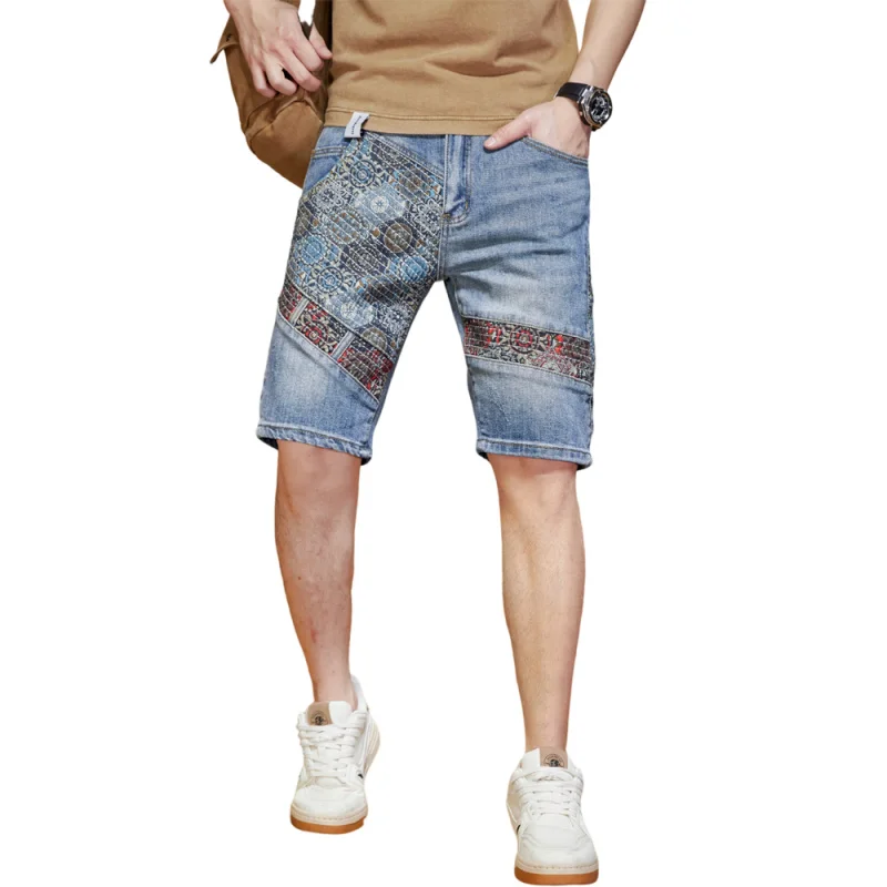 JDK63 แบรนด์อินเทรนด์ระดับไฮเอนด์แฟชั่นการปิดกั้นสีประกบหลุมหลวมกางเกงขาสั้นผ้ายีนส์อเนกประสงค์ลําลองสําหรับผู้ชาย