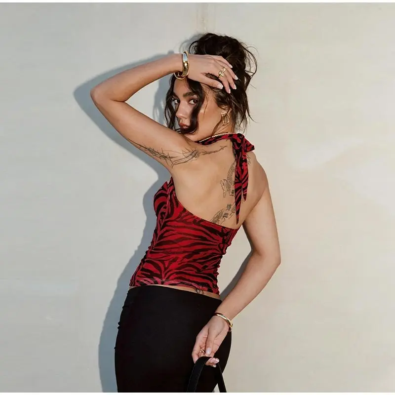 Image of Rotes Zebra-Netz-Haltertop für Damen, Y2K-Mode, Sexy Tierdruck-Top, Figurbetontes Sommer-Streetwear-Oberteil für Frauen
