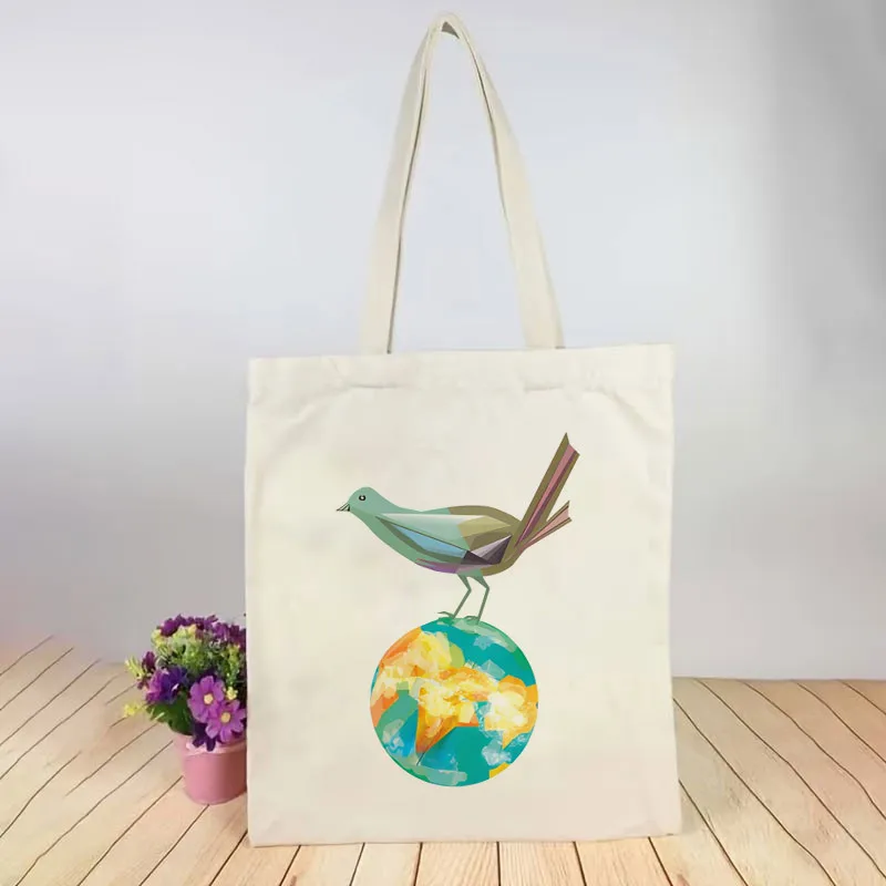 1 Printed Canvas Bag Geometric Art Flying Birds Earth Unisex Breathable Truck Driver Portable White Crossbody Bag. with Closure.