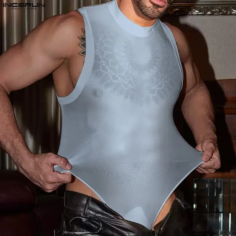 

INCERUN Men Bodysuits Solid Color O-neck Sleeveless See Through Male Rompers Playsuits Streetwear Sexy Fashion Casual Bodysuit