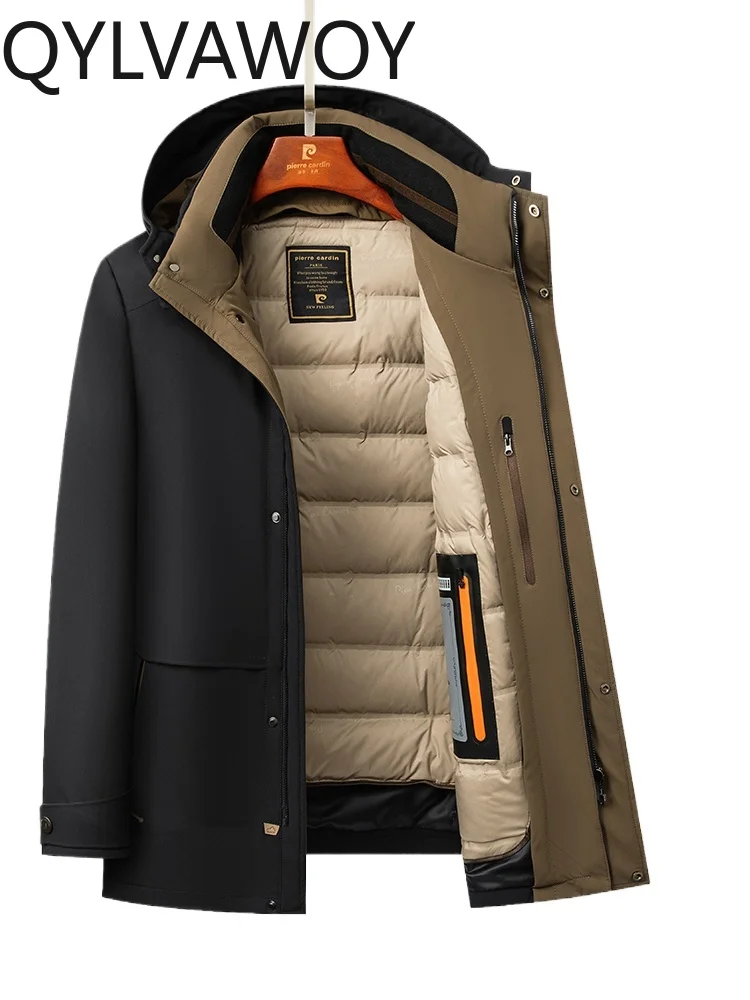 QYLVAWOY 86% Polyamide 14% Spandex Dad's Men's Winter Thickened Hooded Mid-Long Down Jacket Middle-Aged Goose Down Coat LJ2061