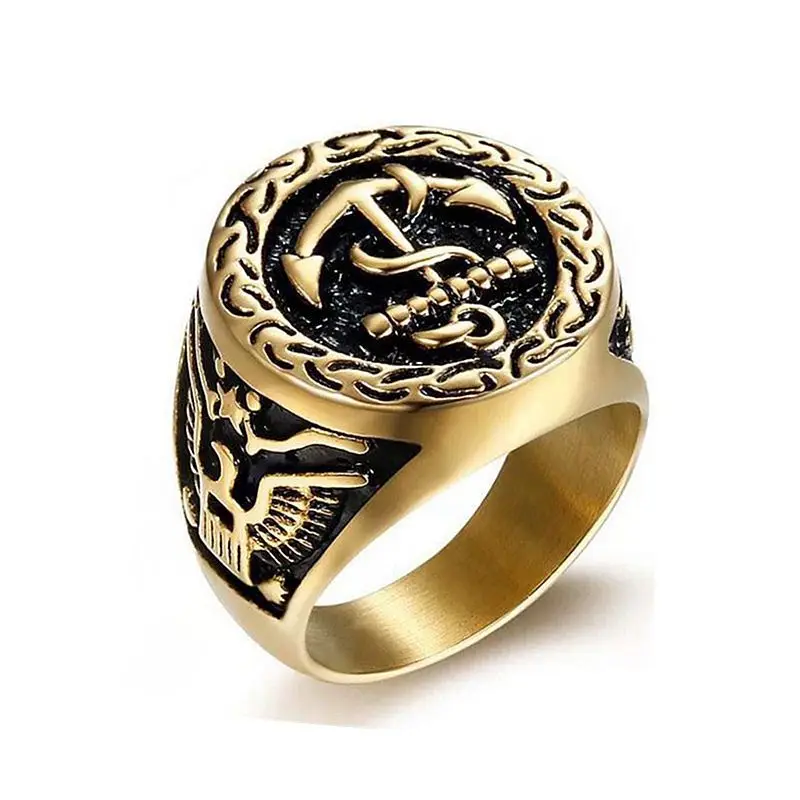 Men\'s Stainless Steel Gold Plated Navy Anchor Eagle Ring Color Preserved Vacuum Plating for Jewelry Accessories