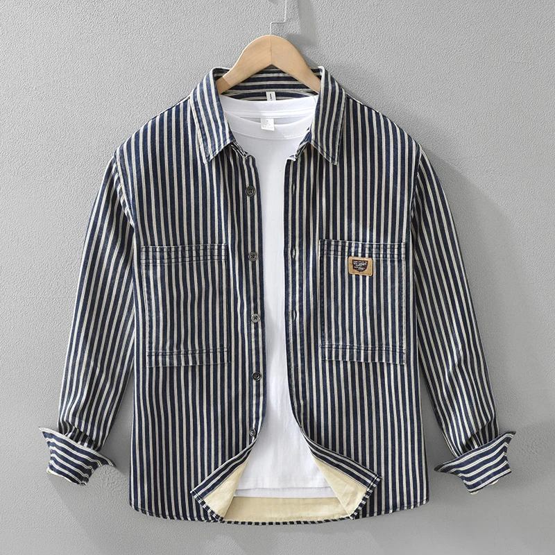 

Мужские рубашки из 100% хлопка в винтажном стиле, весна 2026, с длинным рукавом, в полоску, с большими карманами, мягкие