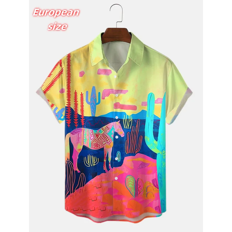 

Starry Sky Cowboy Pattern Hawaiian Shirt For Men Horse Planet 3D Printed Blouse Summer Short Sleeve Lapel Tops Aloha Shirts
