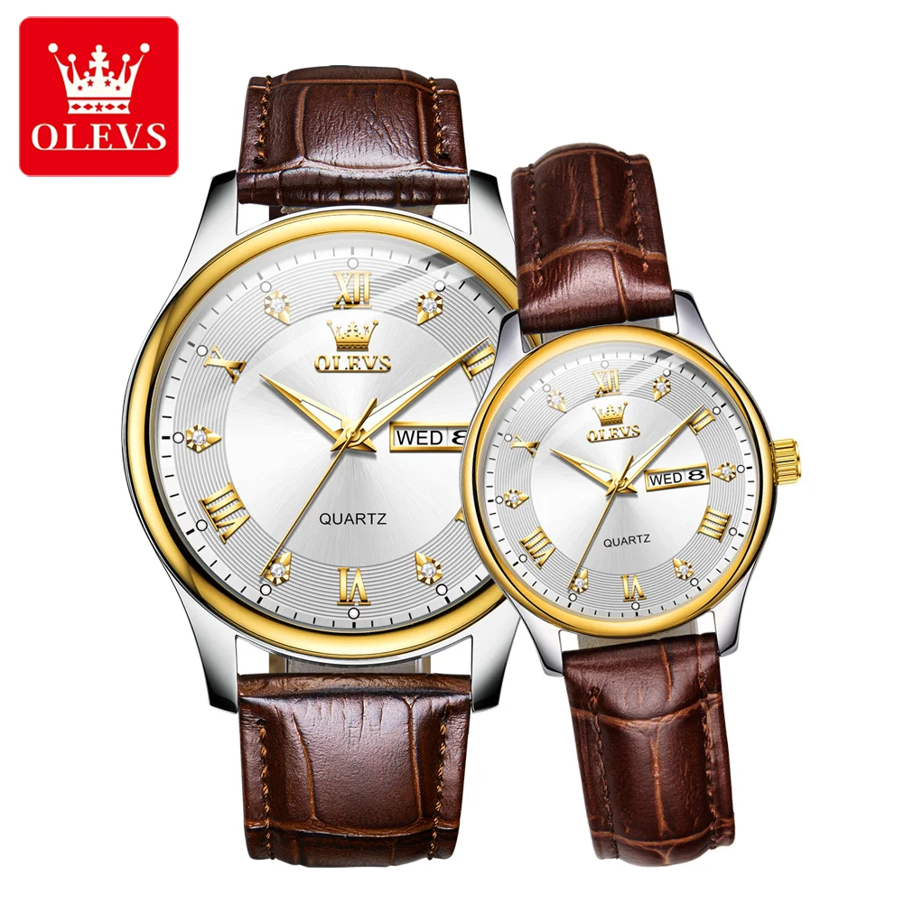 

Часы OLEVS для пар, элитные брендовые водонепроницаемые кварцевые часы, подарок для влюбленных, ночник, кожаные классические часы с датой и неделей, часы для нее