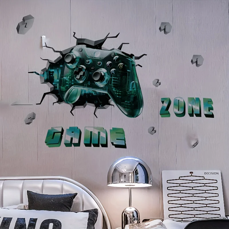 Trendy Green Game Controller Wall Sticker Creative E-Sports Style Premium PVC Waterproof Scratch Resistant Durable Home Decor