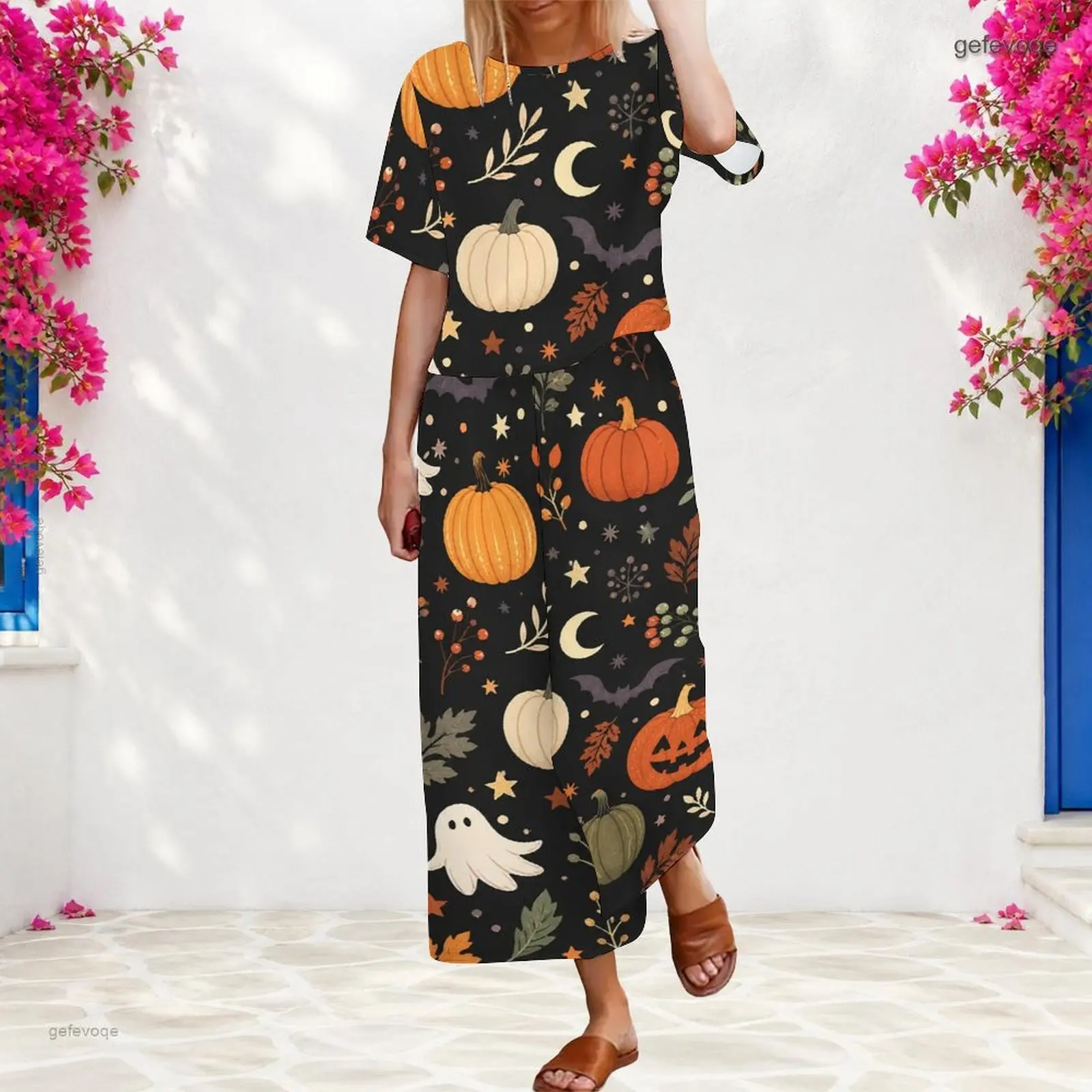 Women 2 Piece Outfit Round Neck Short Sleeve Top With Elastic Waist Wide Leg Pants Set Custom Print Ladies Casual Loungewear