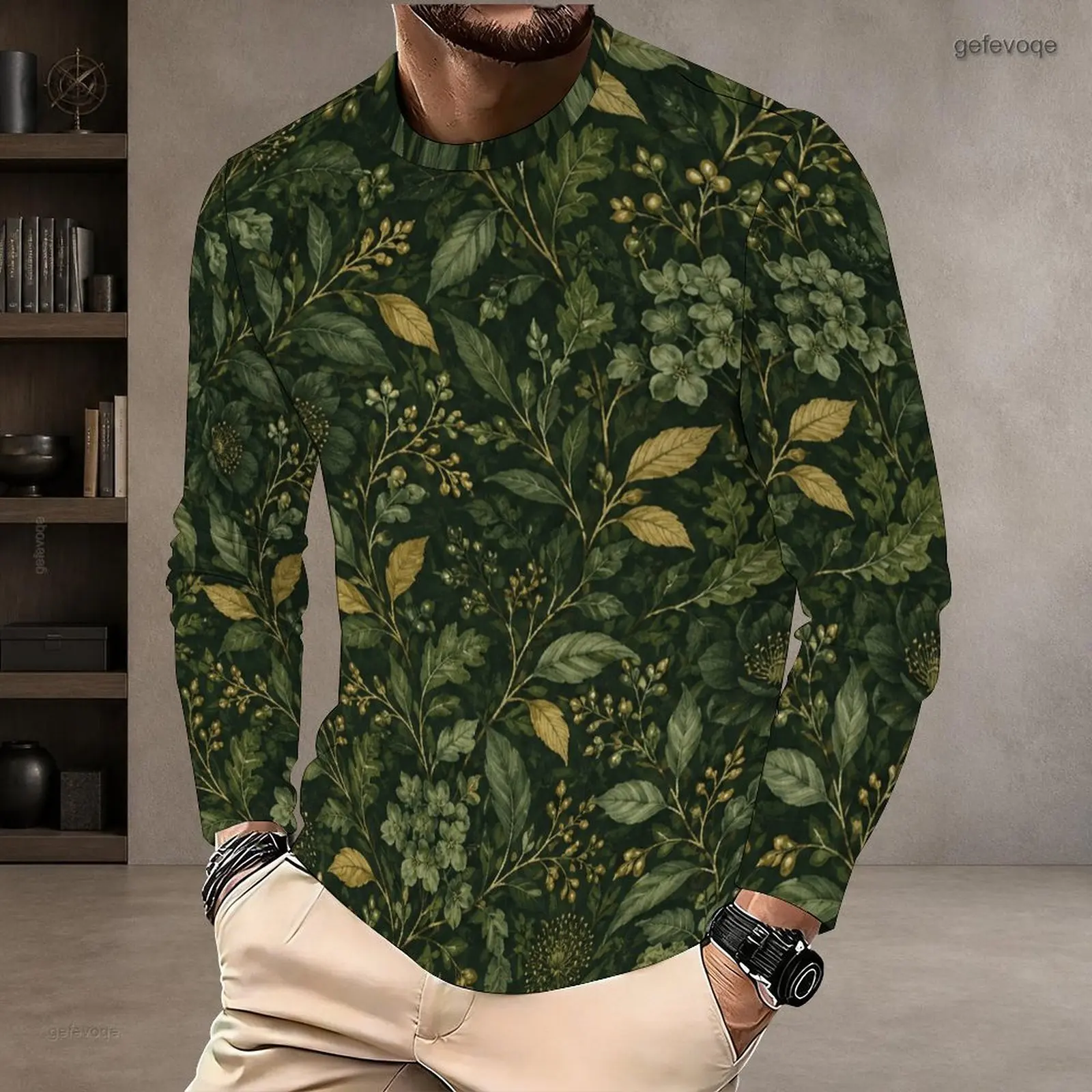 Men Dark Green Botanical Leaf Floral Printed Round Neck Long Sleeve Pullover T Shirt