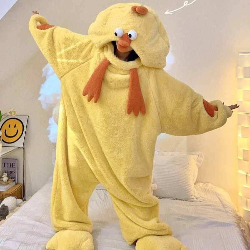 بذلة الدجاج الصفراء الصغيرة للخريف والشتاء من الصوف المرجاني سميكة وقطيفة لطيفة على شكل رسوم كرتونية دافئة ثوب نوم للزوجين ملابس منزلية #2
