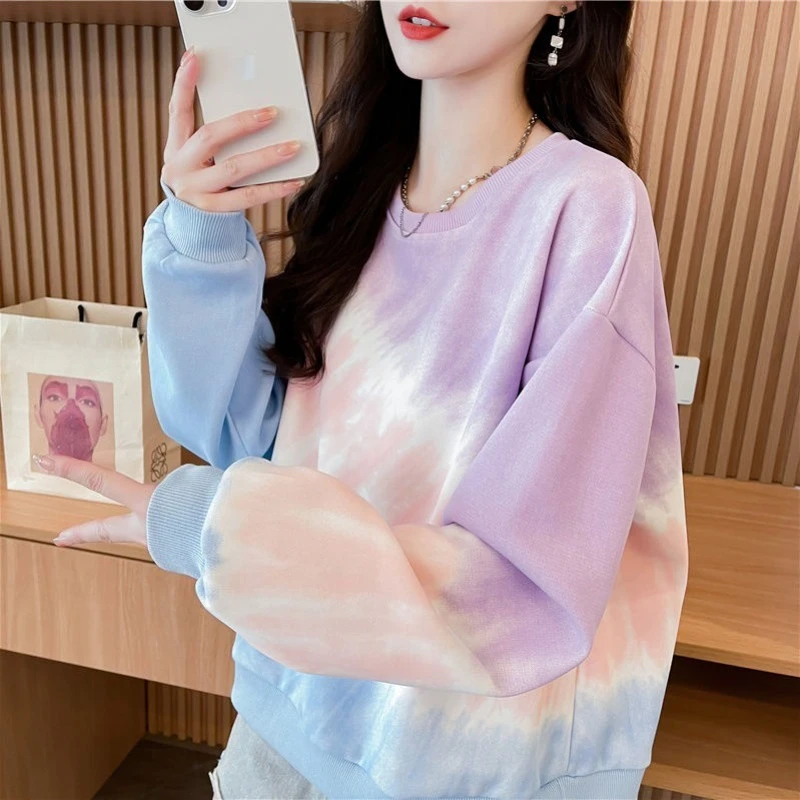 التعادل صبغ التدرج الإناث البلوز الأعلى لطيف اللون 90s خمر الكورية موضة البلوز الأساسية الجولة الرقبة المرأة بلوزات